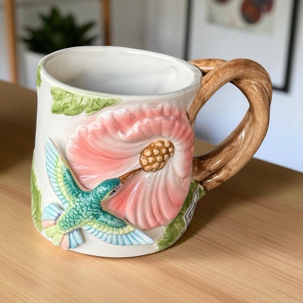 Vintage 1988 Fitz & Floyd Hummingbird Hibiscus Ceramic Mug Multicolor
